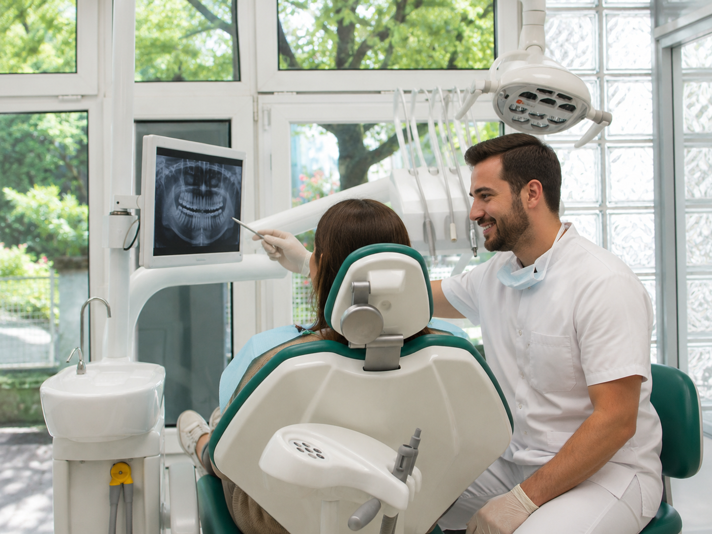 Dentista che spiega a una paziente la sua radiografia nello studio